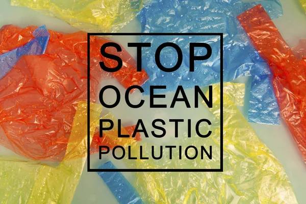 Ekoloji kavramı için yazı ile su yüzeyinde renkli plastik torbalar