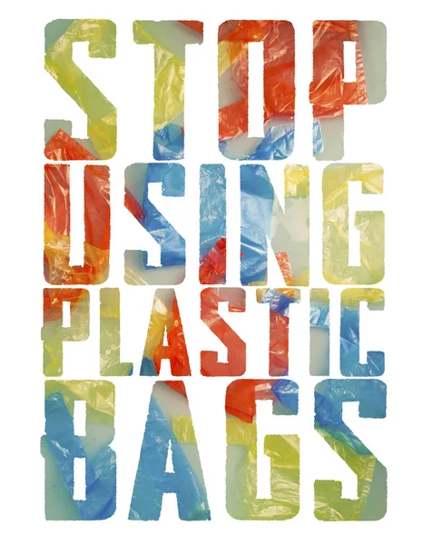 Letras Con Bolsas Plástico Colores Sobre Fondo Blanco Concepto Ecología — Foto de Stock