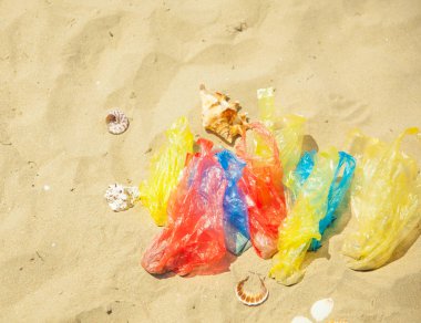 kumlu plajda renkli overwrap çanta ve deniz üstü görünüm üst görünümü