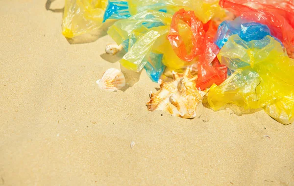 砂浜のカラフルなオーバーラップバッグと貝殻のトップビュー — ストック写真