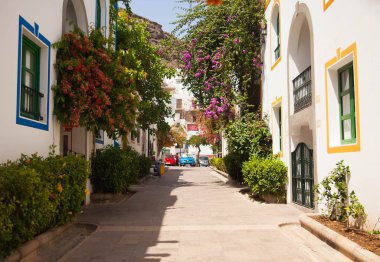 Mogan, Gran Canaria, İspanya'nın tipik mimarisi ve bitki örtüsü.