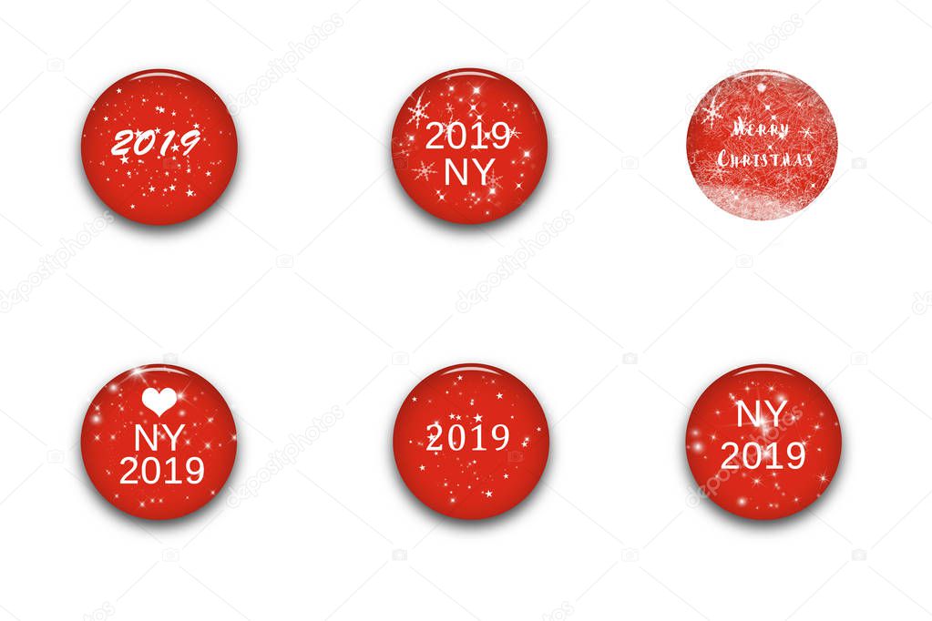 Merry Christmas and Happy new year festive design round red glass buttons with snoflakes and text isolated on white background. Set of web icons template. Winter holiday 3d illustrations