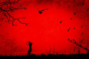 Koyu turuncu arka plan üzerinde çimento üzerinde zombi siyah siluet ile Halloween parti illüstrasyon