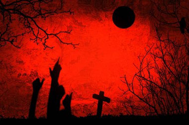 Koyu turuncu arka plan üzerinde çimento üzerinde zombi elleri siyah siluet ile Halloween parti illüstrasyon