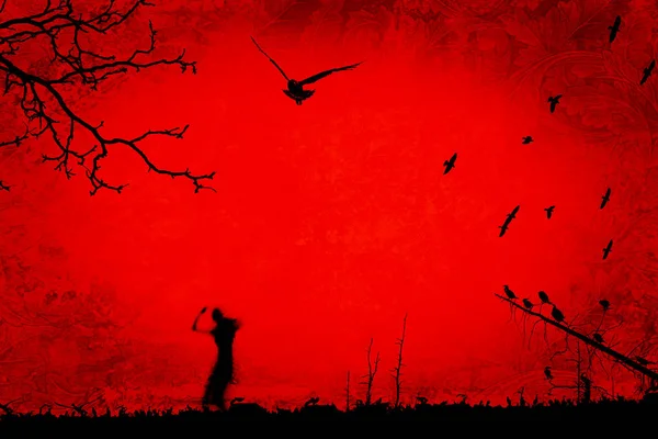 Koyu turuncu arka plan üzerinde çimento üzerinde zombi siyah siluet ile Halloween parti illüstrasyon
