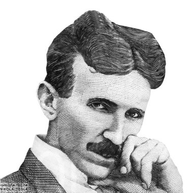 Dünyaca ünlü mucit Nikola Tesla siyah beyaz portre yakın beyaz arka plan üzerinde izole. Sırp banknotunun parçası