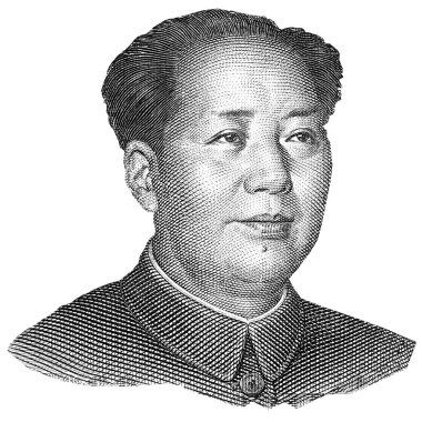 Mao Zedong siyah beyaz portre yakın beyaz arka plan üzerinde izole. Çin banknotunun parçası