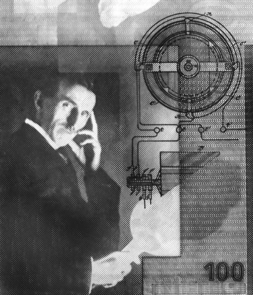 Nikola Tesla Portrait Serbia 100 Dinars Banknote Close Black White — Stock Photo, Image