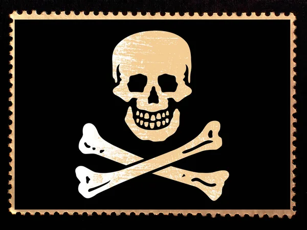 Jolly Roger flag with the skull and crossbones on a black background. Pirate black flag on the grunge postage stamp. . Realistic illustration