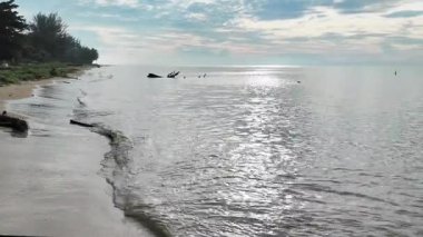 Küçük kahverengi köpük dalgaları bulutlu bir gökyüzünün altında kumlu bir plaja vuruyor..