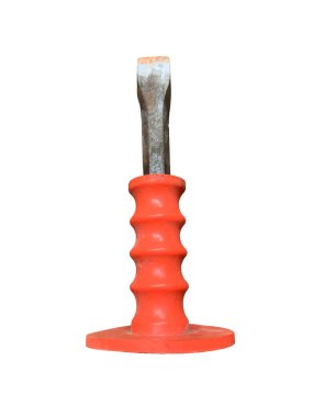 Flat cold chisel with bright red protective handle isolated on white background, sharp detail for construction, workshop, repair, mechanic, safety, and industrial themes.