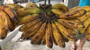 September 07,2025. 4K real time footage of ripe Barangan bananas displayed by street vendor. Vibrant tropical fruit. Food, market, health, diet, organic, agriculture concept, etc. Jakarta, Indonesia.