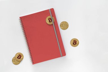 Gri arka plan üzerinde izole kırmızı deri Notebook ile Bitcoins. kırpma yolu ile