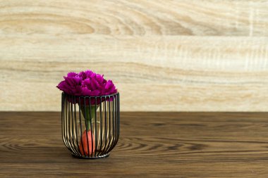 Ahşap masa, kopya alanı ile odada küçük hafif kahverengi renk üzerinde yapay ahşap saksı.