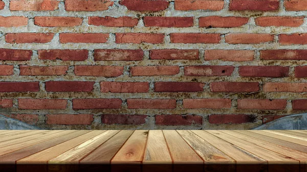 Tavolo Legno Davanti Sfondo Astratto Con Muro Pietra Posizionamento Dei — Foto Stock