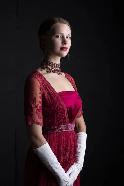 Mulher Vestido Vermelho Início Século — Fotografia de Stock