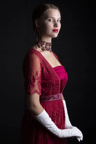 Woman Red Early 20Th Century Dress — Stock Photo, Image