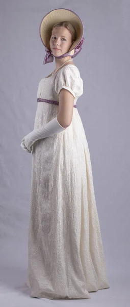 Regency Woman Cream Embroidered Dress — Stock Photo, Image