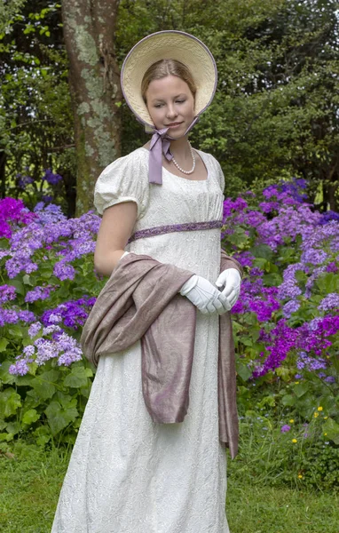 Regency Woman Cream Embroidered Dress — Stock Photo, Image