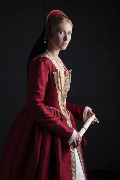 Tudor Žena Červených Šatech — Stock fotografie