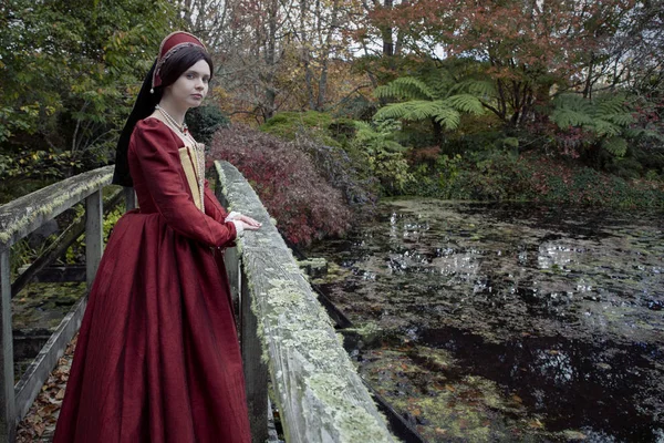 Femme Tudor Aux Cheveux Bruns Dans Une Robe Rouge — Photo