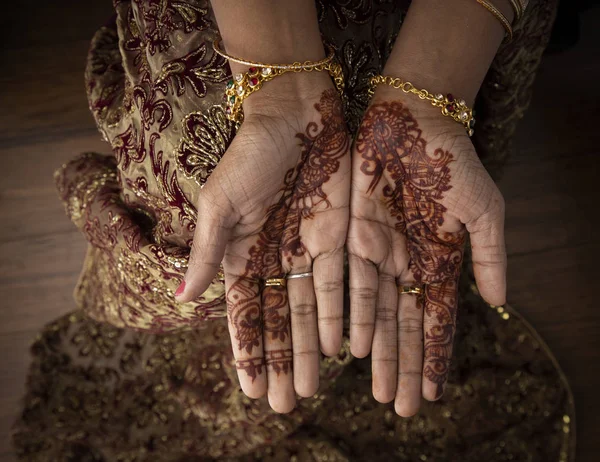 Zuid Aziatische Vrouw Gekleed Een Sari Met Gouden Sieraden Mehendi — Stockfoto