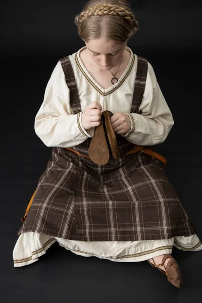 Viking Woman Wearing Plaid Tunic Black Backdrop — Stock Photo, Image