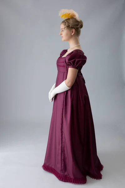 Regency Woman Plum Colored Evening Gown Feathers Her Hair — Stock Photo, Image