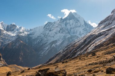 Machapuchare veya balık kuyruğu sıradağlarının Nepal uzak bölgelerinde Annapurna temel kampından.