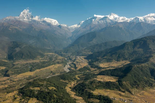 An aerial of remote mountain regions in the country of Nepal.