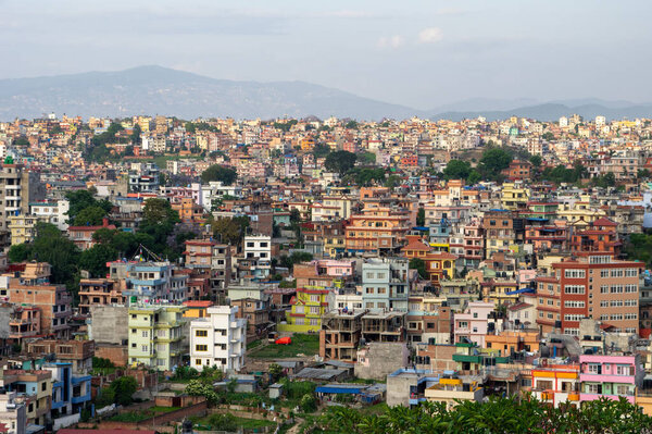 A view of the city of Kathmandu, Nepal in the light of the evening susnet.