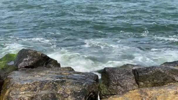 Una Vista Las Olas Estrellándose Las Rocas Largo Orilla Océano — Vídeos de Stock