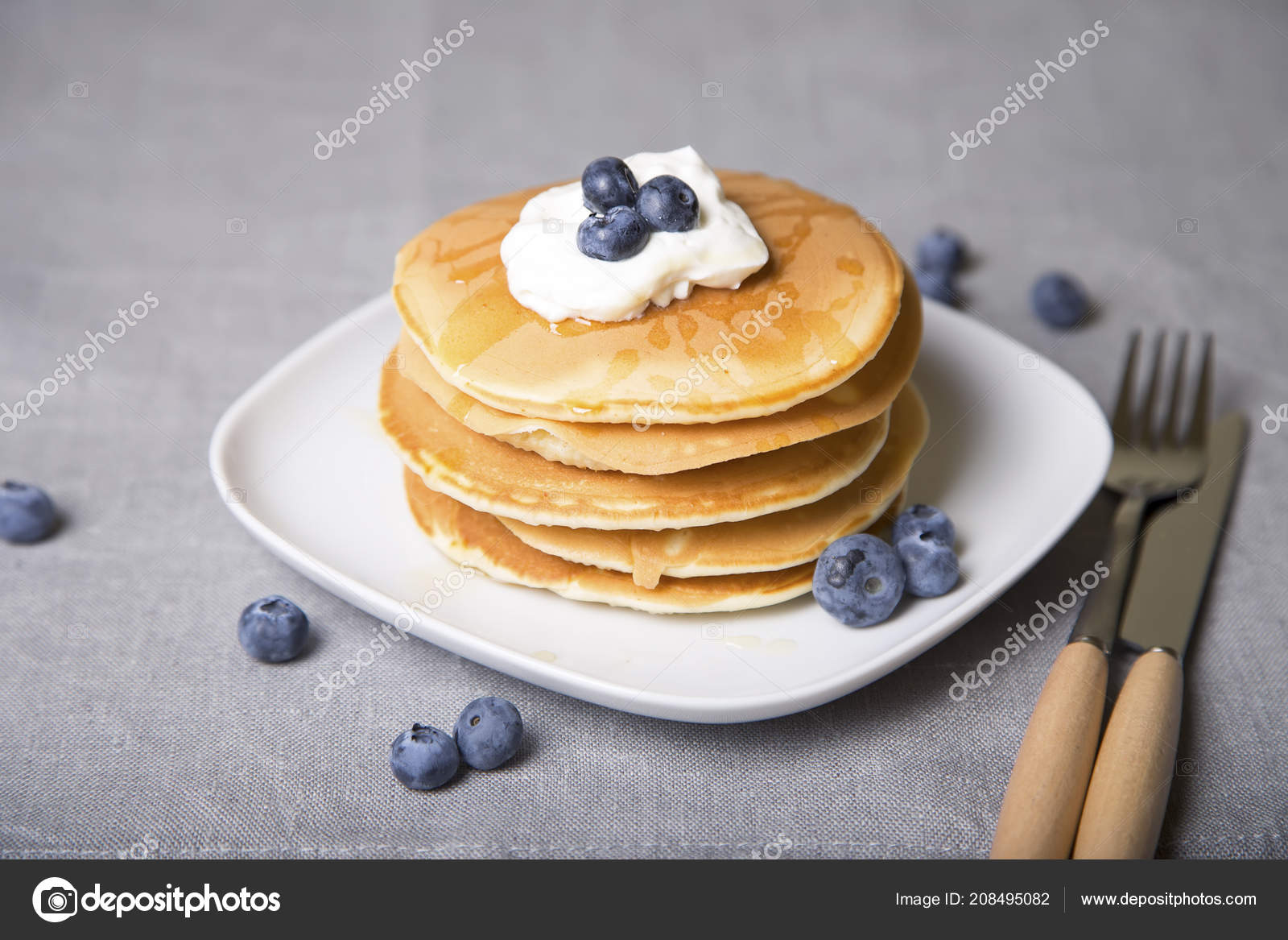 Pancakes Blueberries Sour Cream Honey Close Selective Focus Stock Photo C Tasha Lyubina 208495082