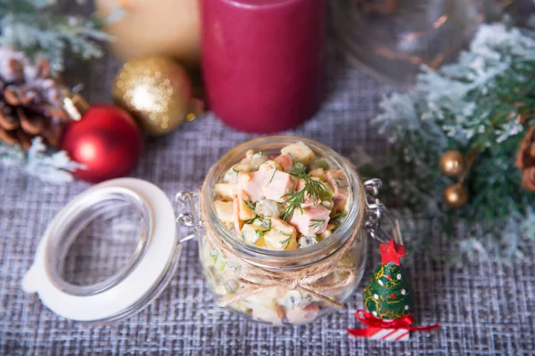 Ano Novo Tradicional Natal Salada Russa Olivier Olivie Jarro Close — Fotografia de Stock