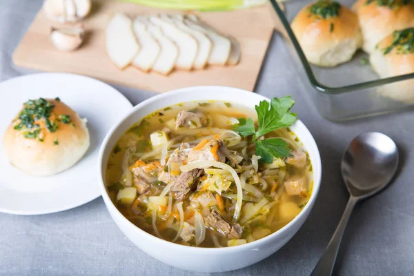 Shchi Sopa Repolho Com Pães Pampushki Gordura Alho Sopa Tradicional — Fotografia de Stock