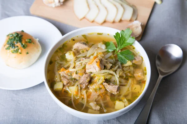 Shchi Sopa Repolho Com Pães Pampushki Gordura Alho Sopa Tradicional — Fotografia de Stock