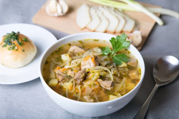 Shchi Sopa Repolho Com Pães Pampushki Gordura Alho Sopa Tradicional — Fotografia de Stock