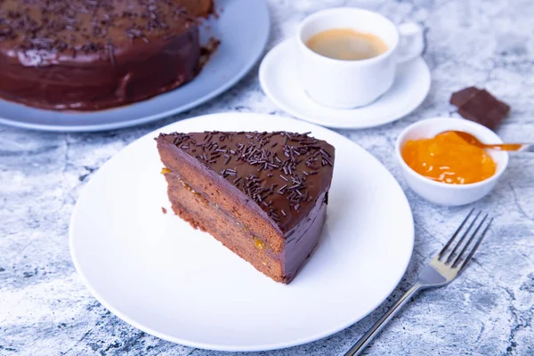 Sacher Cake Traditional Austrian Chocolate Dessert Homemade Baking Selective Focus — Stock Photo, Image