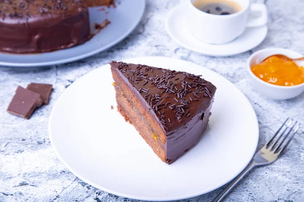 Kue Sacher Makanan Penutup Coklat Tradisional Austria Memanggang Buatan Sendiri — Stok Foto