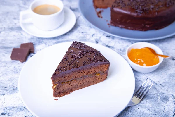 Sacher Tårta Traditionell Österrikisk Choklad Efterrätt Hemlagad Bakning Selektiv Fokusering — Stockfoto