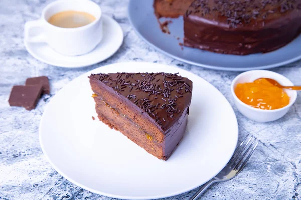 Sacher Cake Traditional Austrian Chocolate Dessert Homemade Baking Selective Focus — Stock Photo, Image