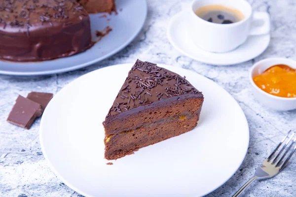 Bolo Sacher Sobremesa Tradicional Austríaca Chocolate Cozimento Caseiro Foco Seletivo — Fotografia de Stock