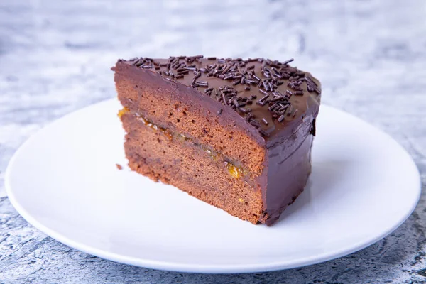 Sacher Cake Traditional Austrian Chocolate Dessert Homemade Baking Selective Focus — Stock Photo, Image