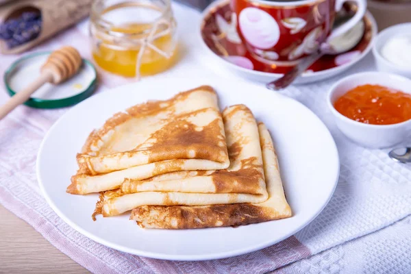 Traditional Russian Pancakes Honey Sour Cream Jam Shrovetide Maslenitsa Week — Stock Photo, Image