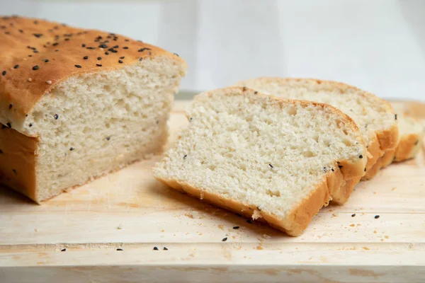 Pan Blanco Casero Con Sésamo Enfoque Selectivo Primer Plano — Foto de Stock