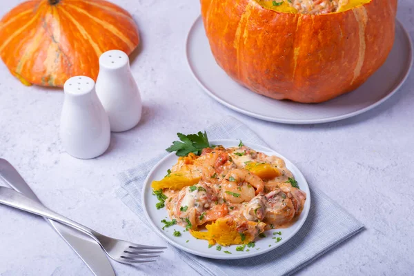 Pumpkin stuffed with shrimps and cheese, whole baked. Traditional Brazilian dish. Close-up. — Stock Image Pumpkin Stuffed Shrimps Cheese Whole Baked Traditional Brazilian Dish Close Stock Photo