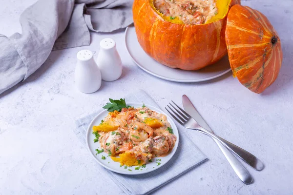 Pumpkin stuffed with shrimps and cheese, whole baked. Traditional Brazilian dish. Close-up. — Stock Image Pumpkin Stuffed Shrimps Cheese Whole Baked Traditional Brazilian Dish Close Stock Image