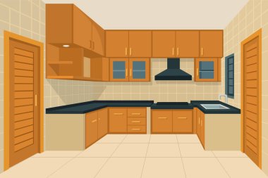 Sıcak ahşap dolaplar ve parlak siyah tezgahlarla mutfak tasarımı modern bir yemek alanı yaratıyor.