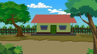 Cozy cartoon house nestled in a peaceful landscape with lush green trees and a bright blue sky, perfect for children's book illustrations