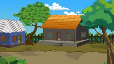 Village scene with traditional houses and lush greenery.African house background for cartoon animation